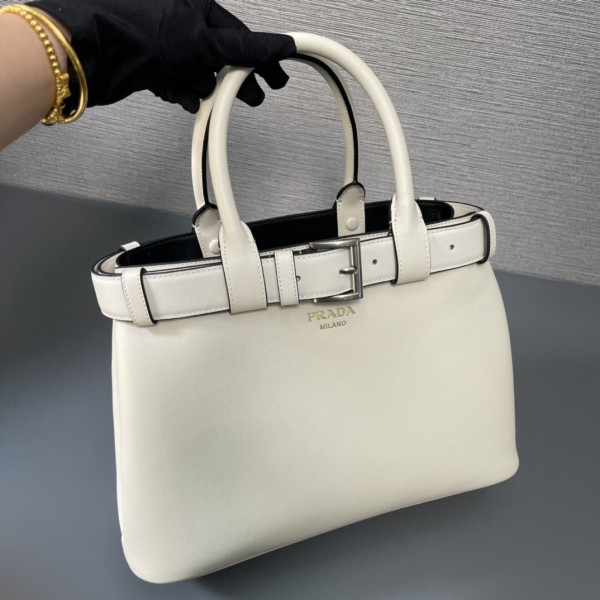 Pra*a buckle large leather handbag with belt-32*23*11cm