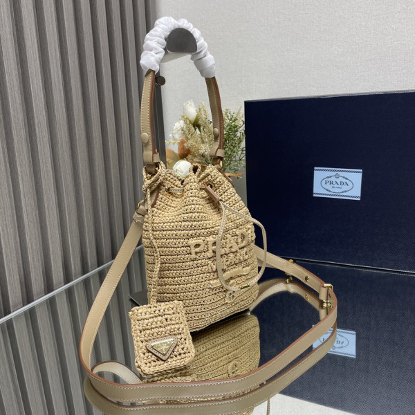 Pra*a tcrochet and leather bucket bag-20*17*12cm